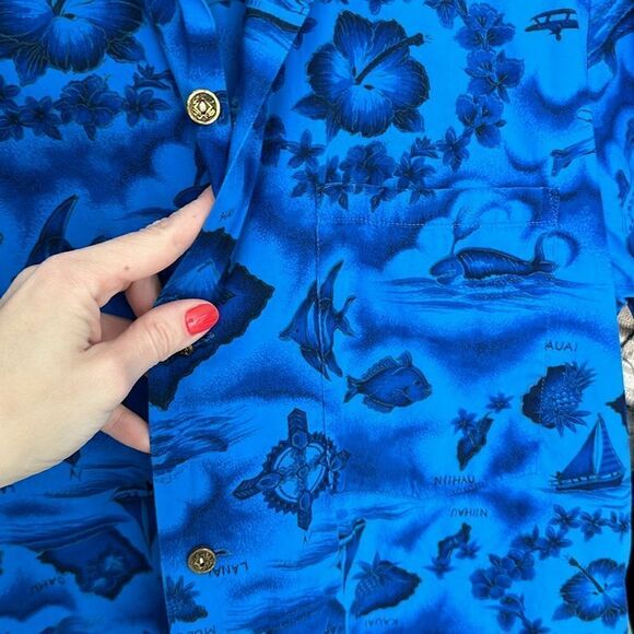 Ui-Maikai Blue Island Map Print Vintage 60s Hawaiian Button Front Camp Shirt - Picture 6 of 10